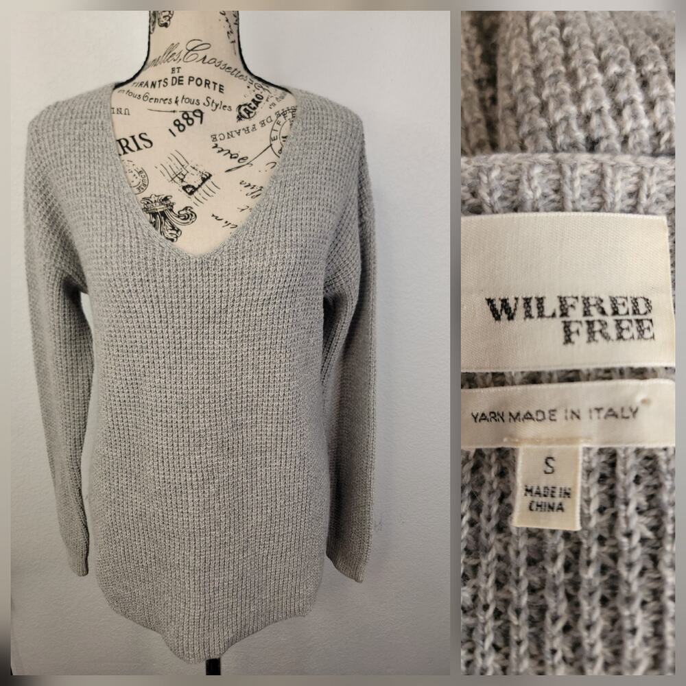 Aritzia Wilfred Free Wolter Sweater SZ S Waffle-knit V-neck Merino Wool Gray